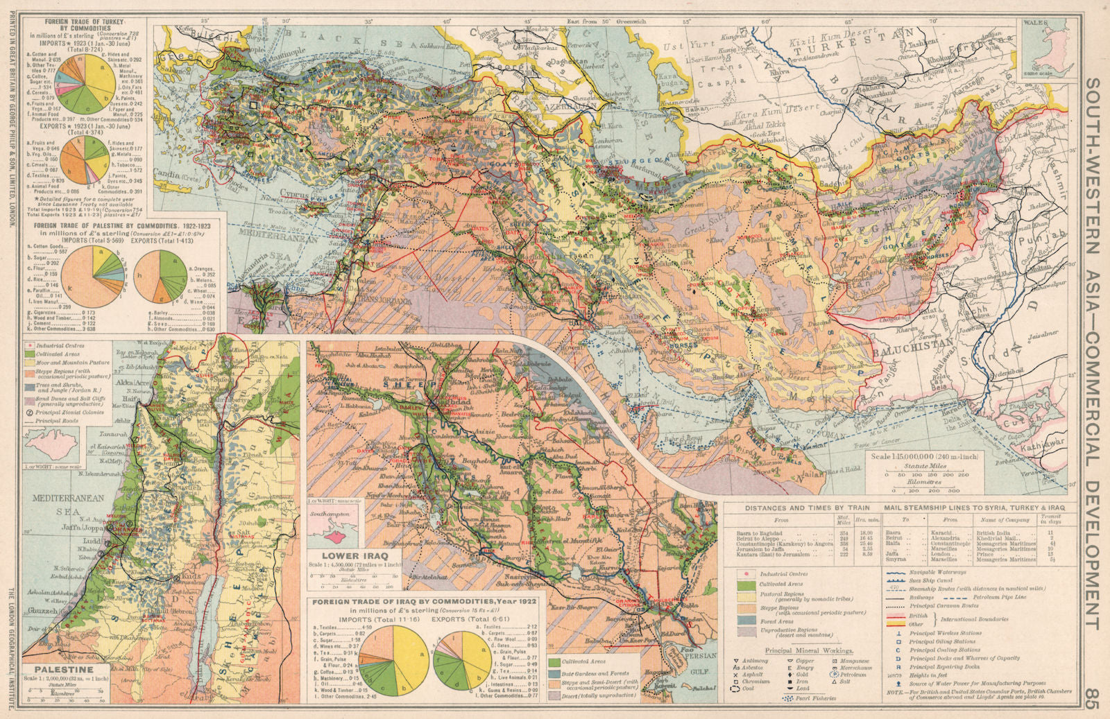 Middle East/SW Asia. Commercial. Mining & Agricultural production 1925 old map